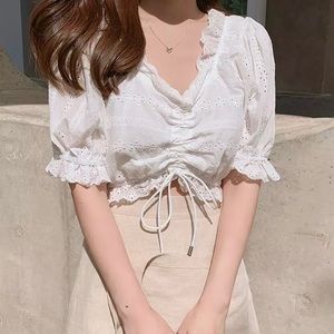 women’s white cinch front floral lace blouse